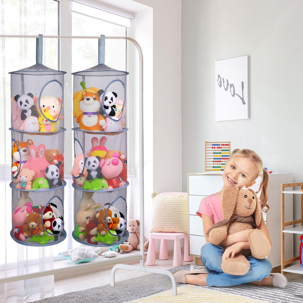 Basumee mesh toy storage hammock keeps plushies organized in three tiers for tidy rooms.