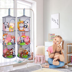 Basumee mesh toy storage hammock keeps plushies organized in three tiers for tidy rooms.