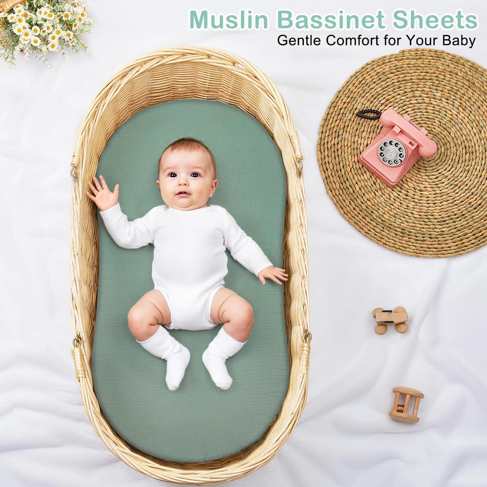 Basumee 2-pack muslin bassinet sheets keep a clean spare on hand