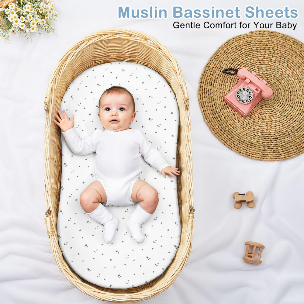 Basumee muslin bassinet sheet 2-pack highlights convenient clean replacements.