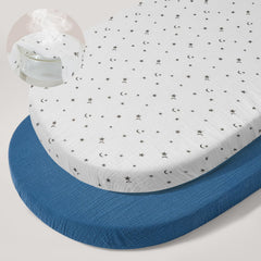 Basumee muslin bassinet sheet closeup shows breathable fabric for baby comfort.