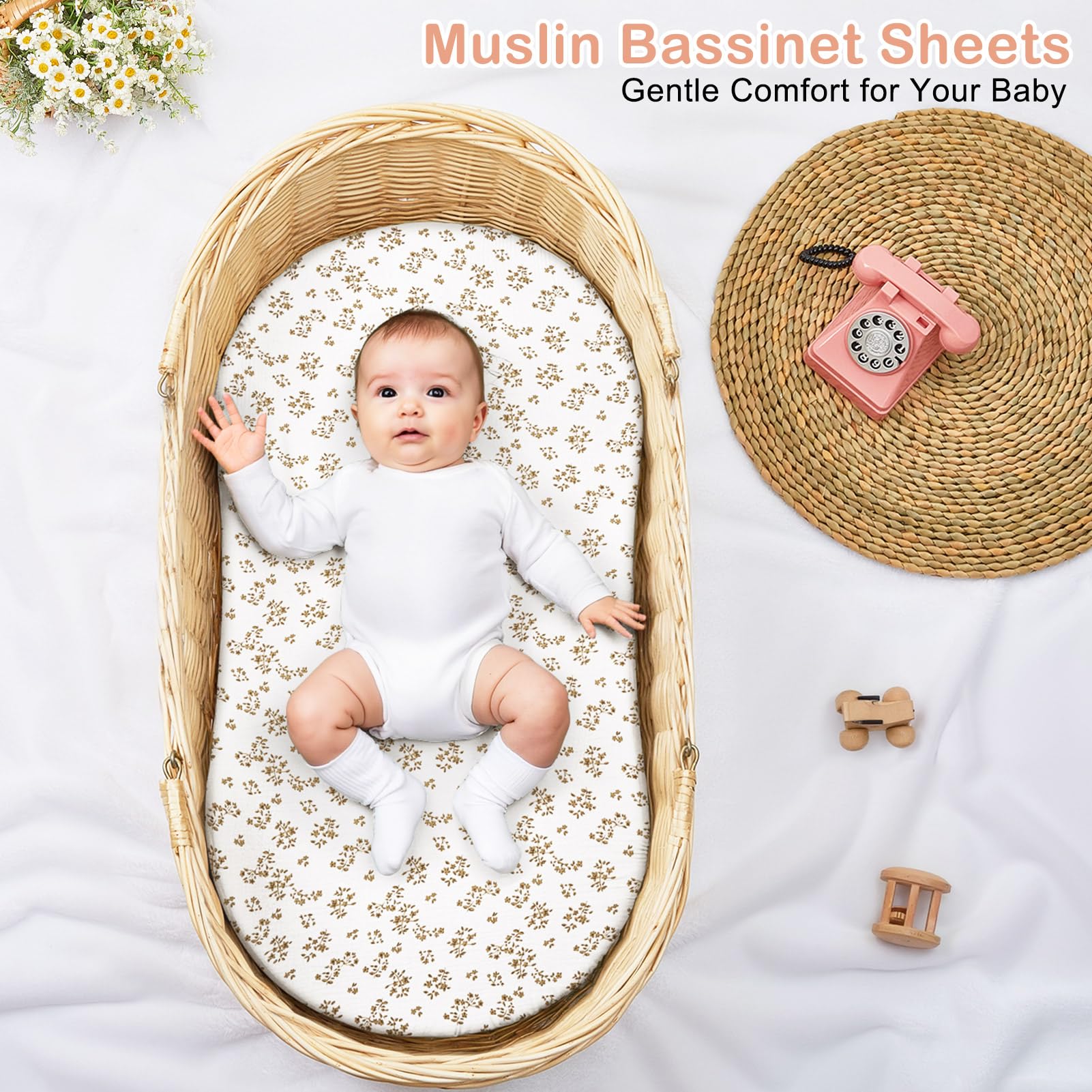 Basumee muslin bassinet sheet with unique pattern complements nursery decor.