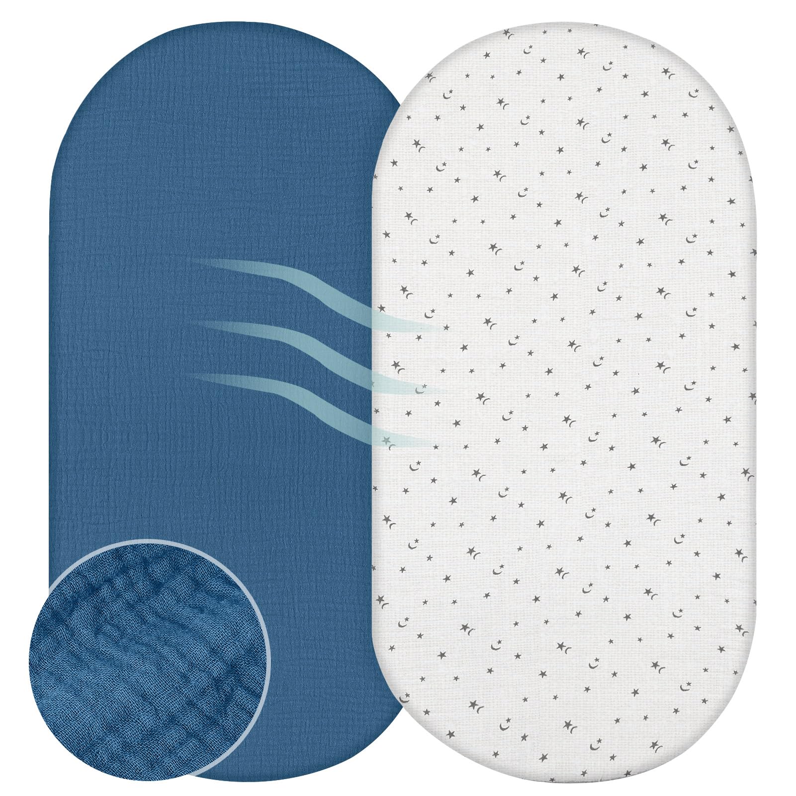 Basumee muslin bassinet sheet secure edges reduce shifting through sleep.
