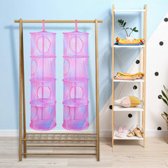 Basumee plush storage hammock close-up shows mesh design for quick visibility.