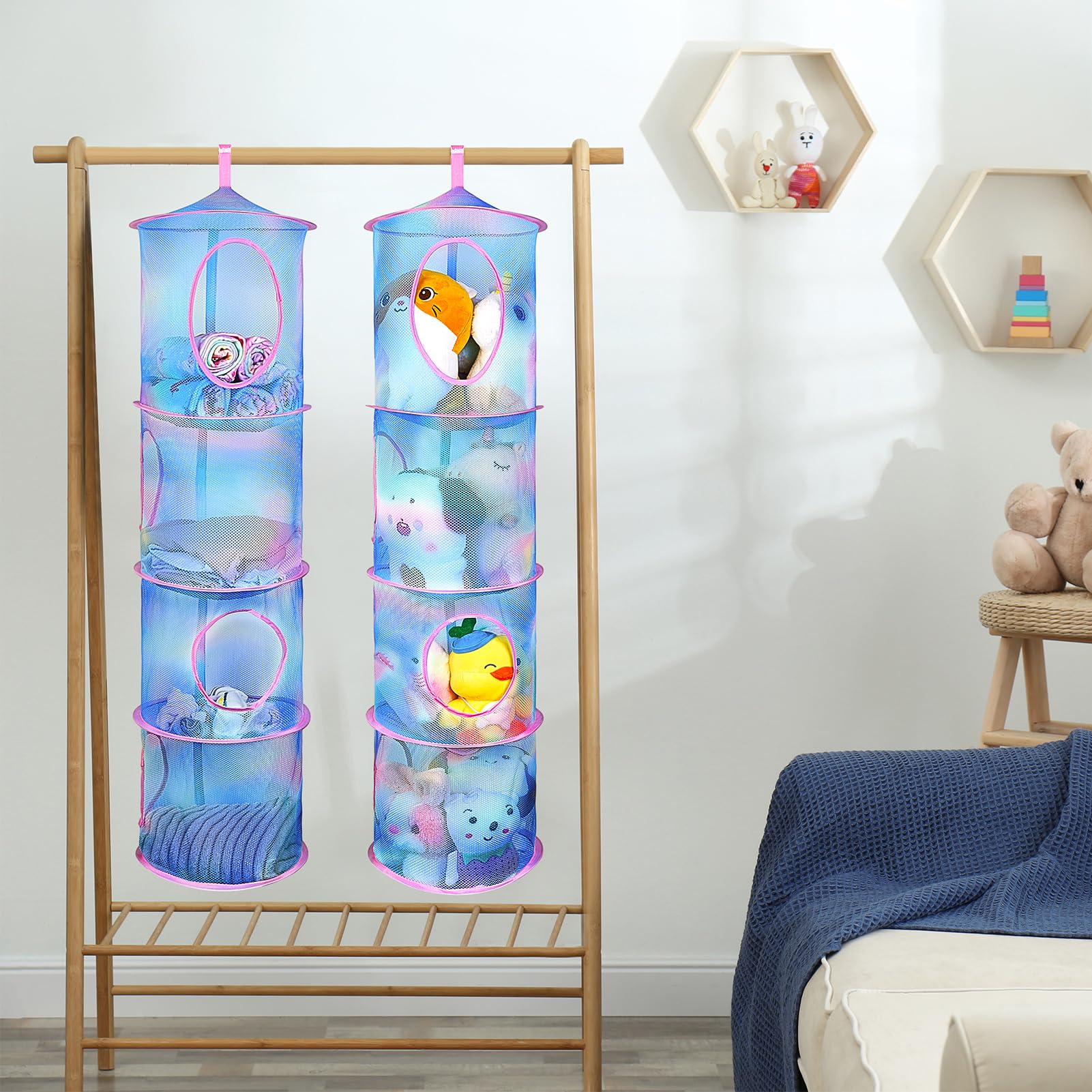 Basumee plushie storage net mesh with clear compartments for easy visibility.