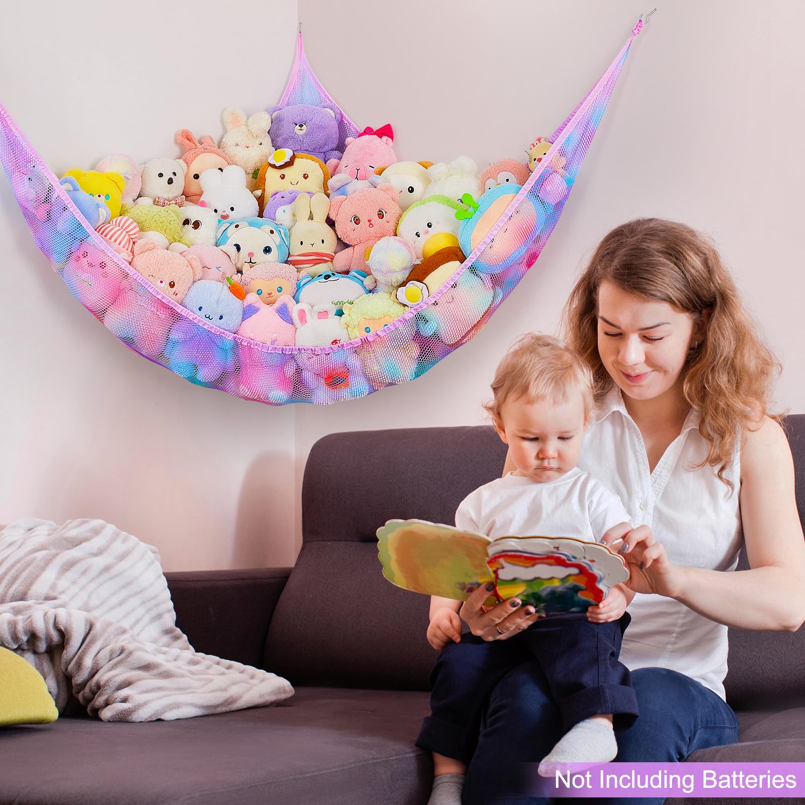 Basumee size options Large and X-Large for plush toy storage capacity.