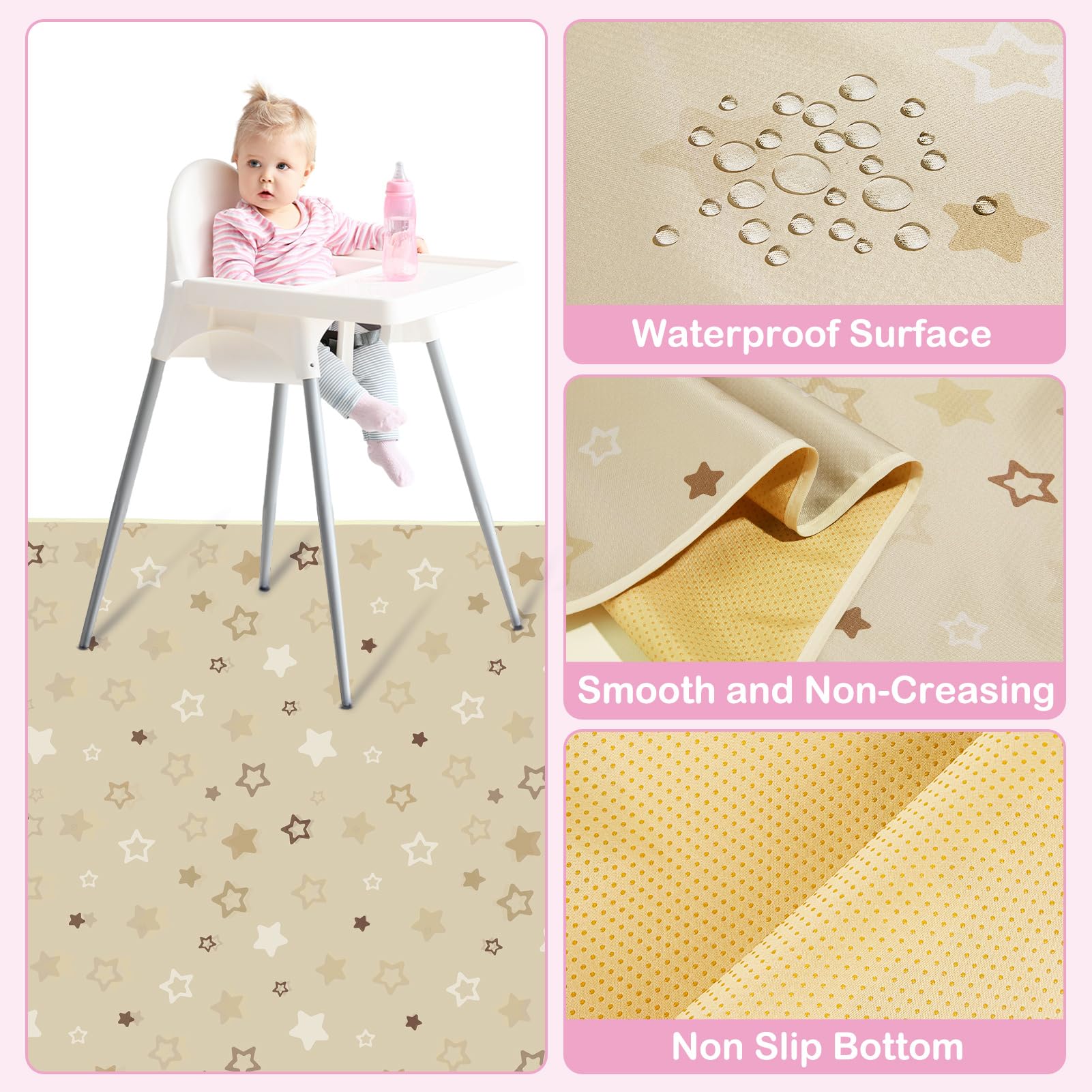 Basumee Splat Mat with brown stars pattern hides messes while protecting floors.