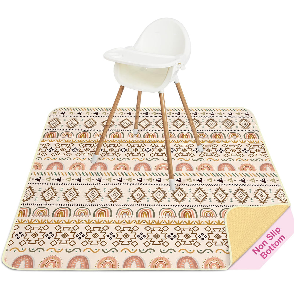 Basumee Splat Mat under high chair with brown geometry protects floors.