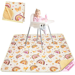 Basumee Splat Mat under high chair with spills caught, protecting floors.