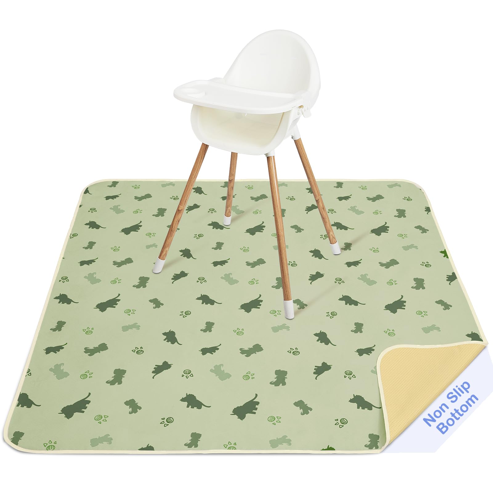 Basumee Splat Mat under high chair with waterproof surface for quick spill cleanup.