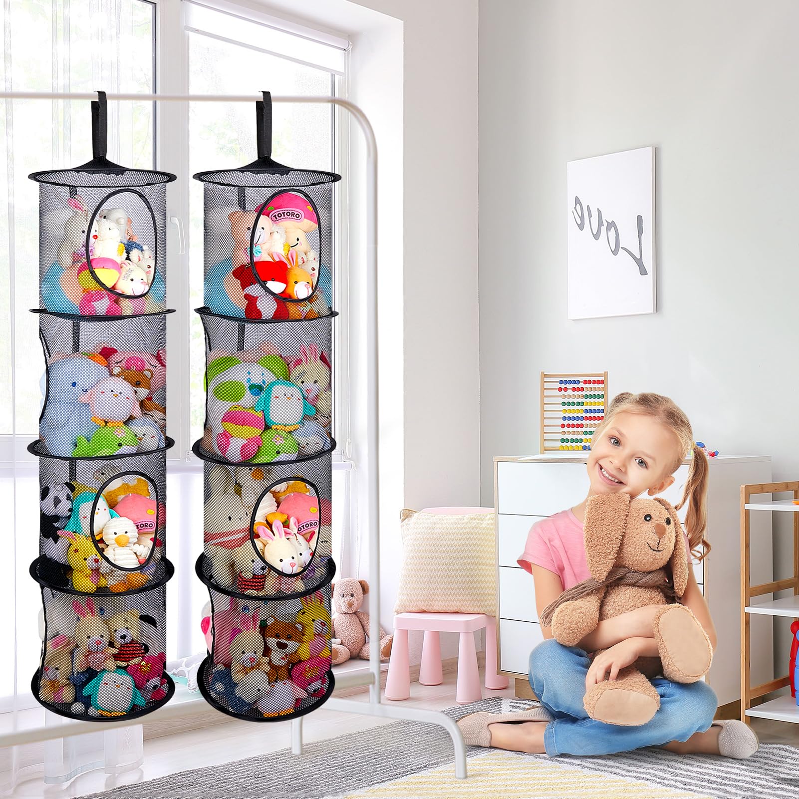 Basumee stuffed animals hammock 4-tiers side view shows space-saving hanging solution