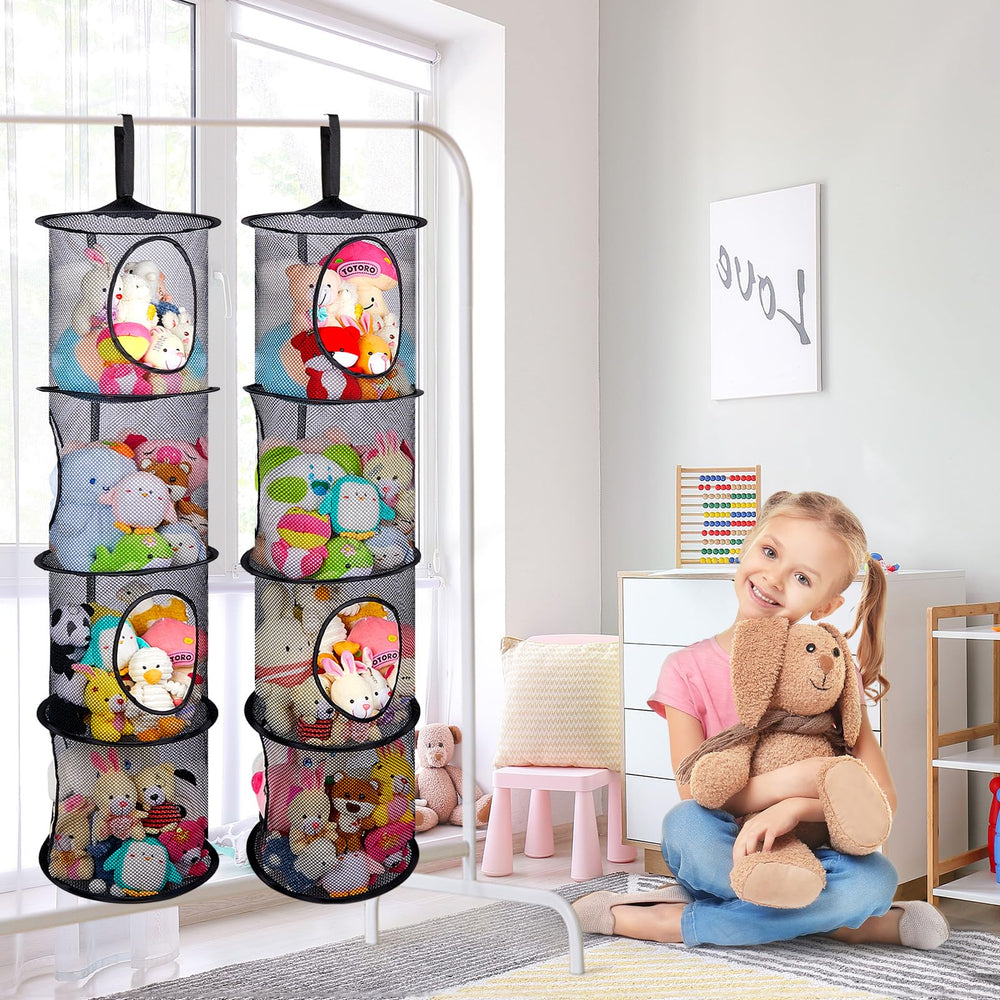 Basumee stuffed animals hammock 4-tiers side view shows space-saving hanging solution