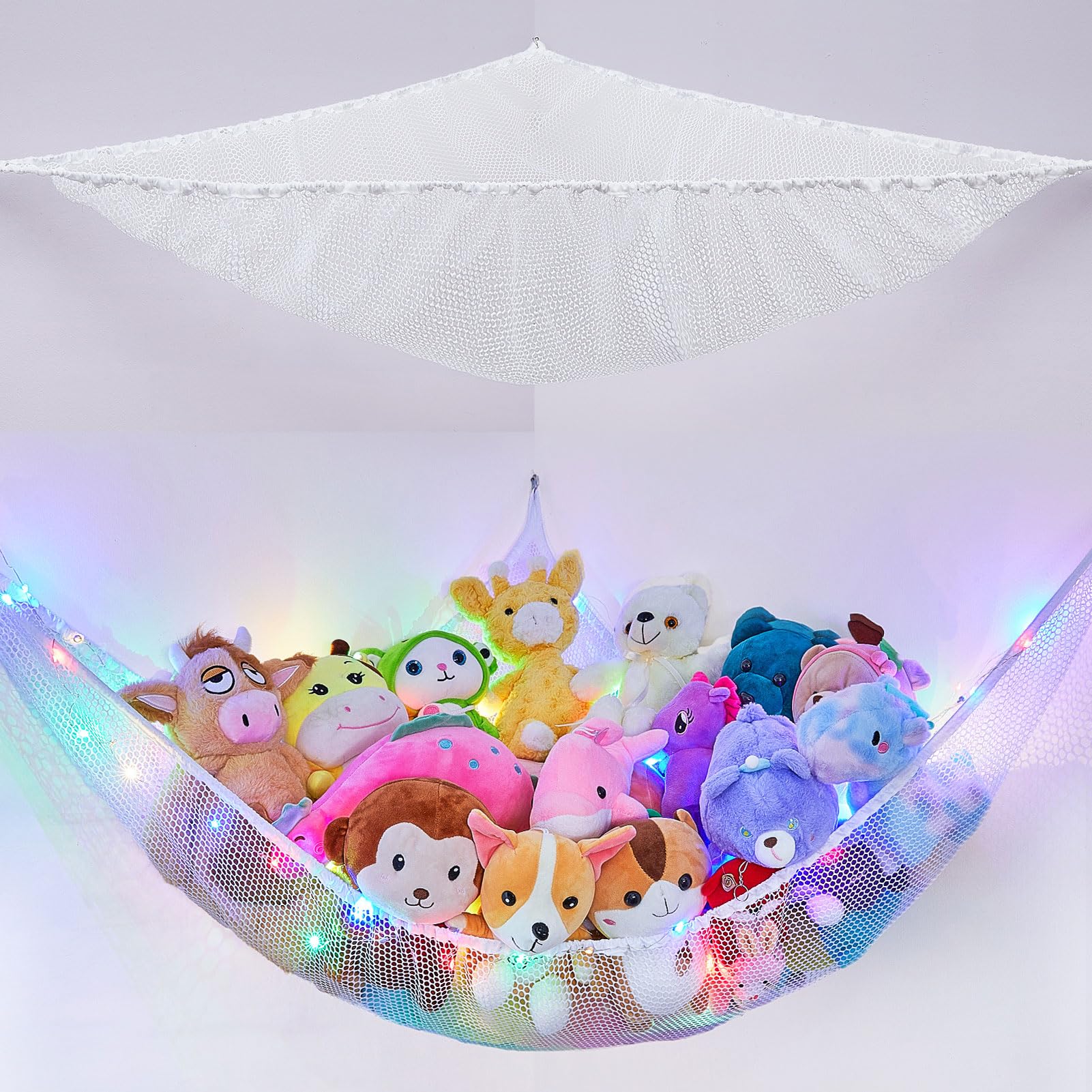 Basumee stuffed-animals hammock corner-mounted with LED light adds playful ambiance and saves floor space