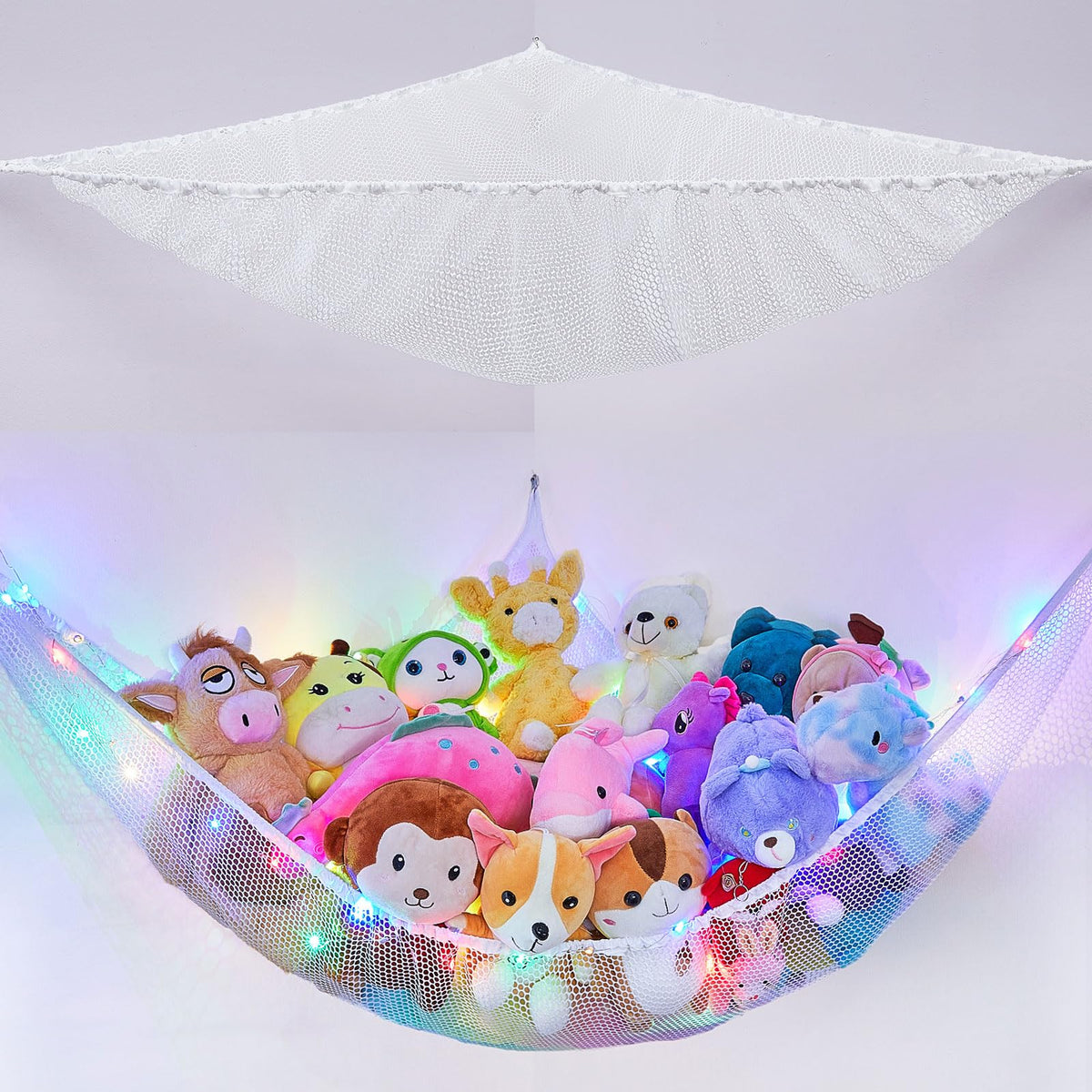 Basumee stuffed-animals hammock corner-mounted with LED light adds playful ambiance and saves floor space