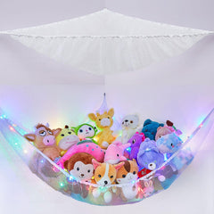 Basumee stuffed-animals hammock corner-mounted with LED light adds playful ambiance and saves floor space