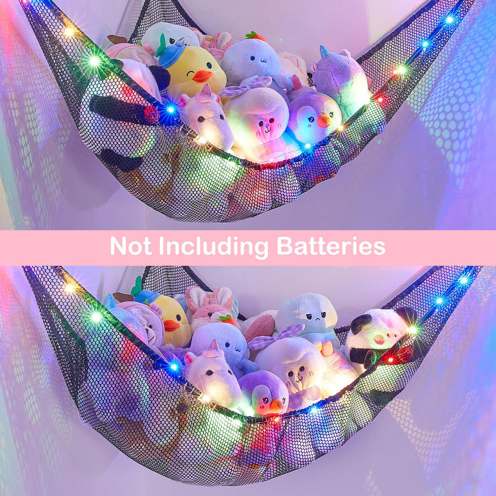 Basumee stuffed animals hammock corner setup demonstrates space saving wall storage.