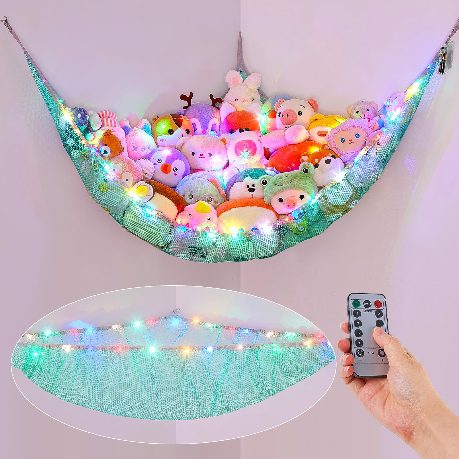 Basumee stuffed animals hammock in use, toys neatly organized