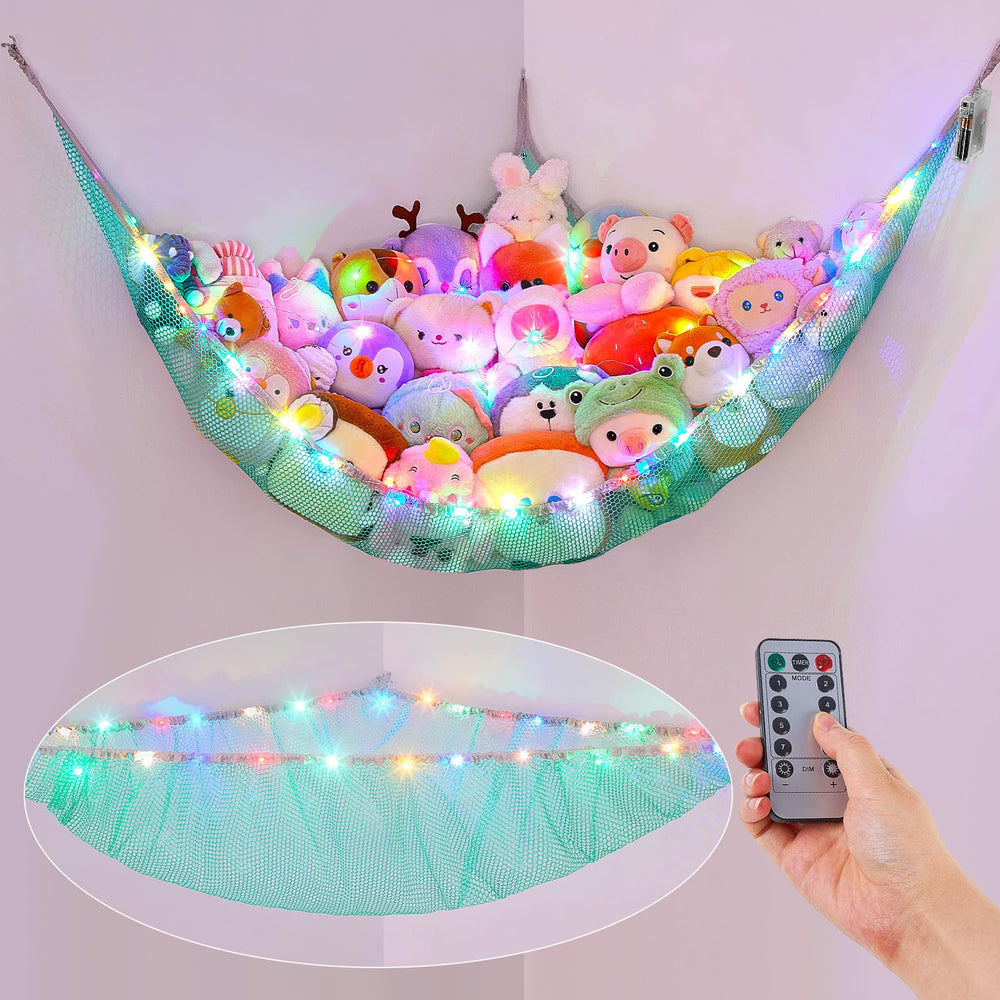 Basumee stuffed animals hammock in use, toys neatly organized