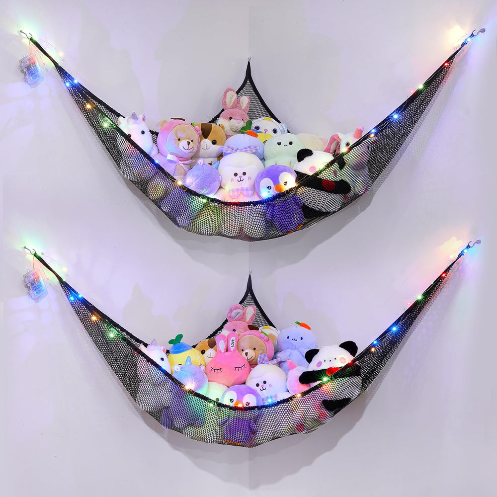 Basumee stuffed animals hammock with LED light pack keeps plush toys organized.