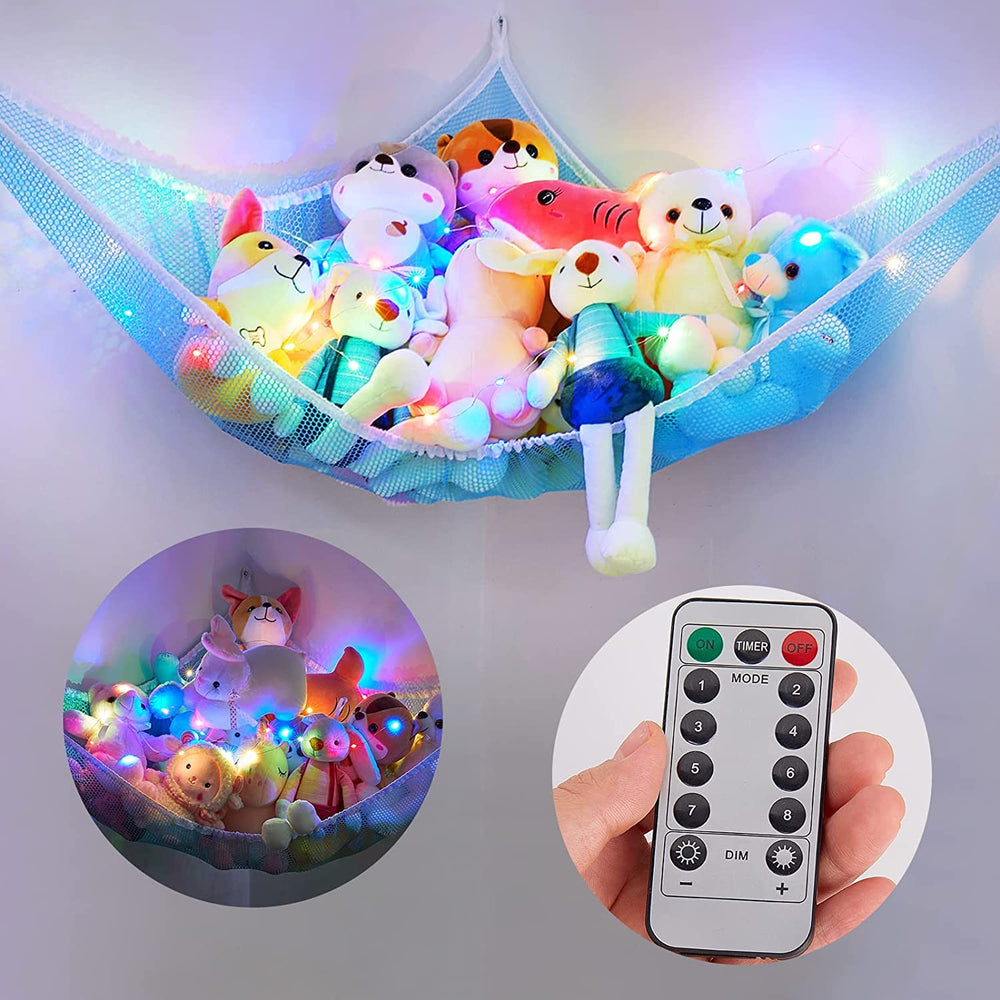 Basumee stuffed animals hammock with LED light and remote keeps toys organized