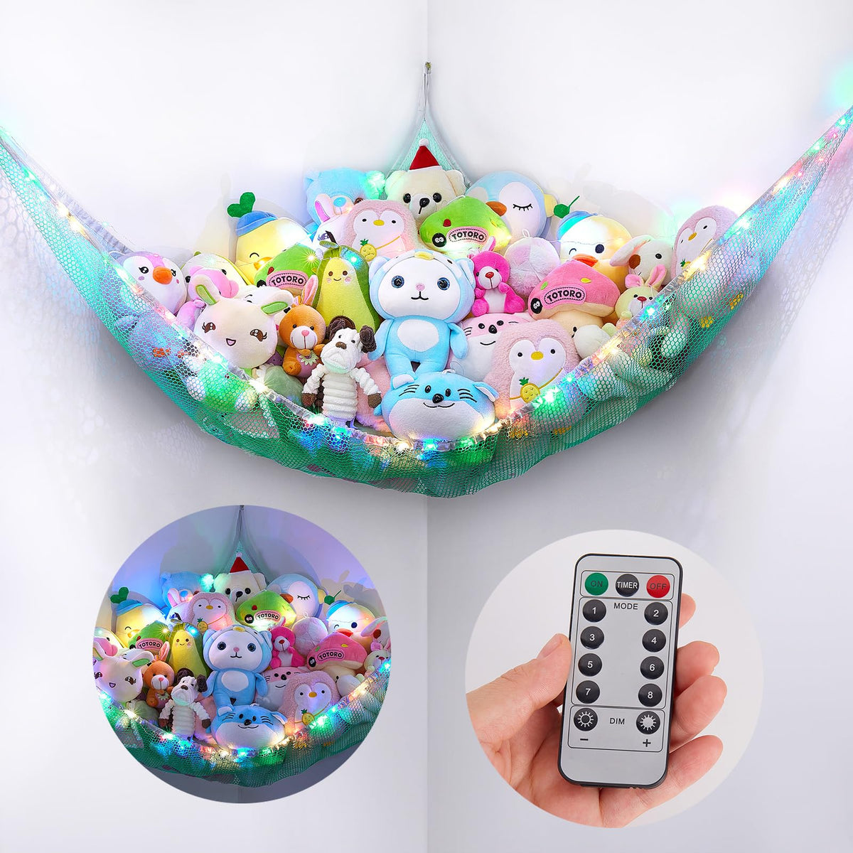 Basumee stuffed animals hammock with LED remote for ambient storage display