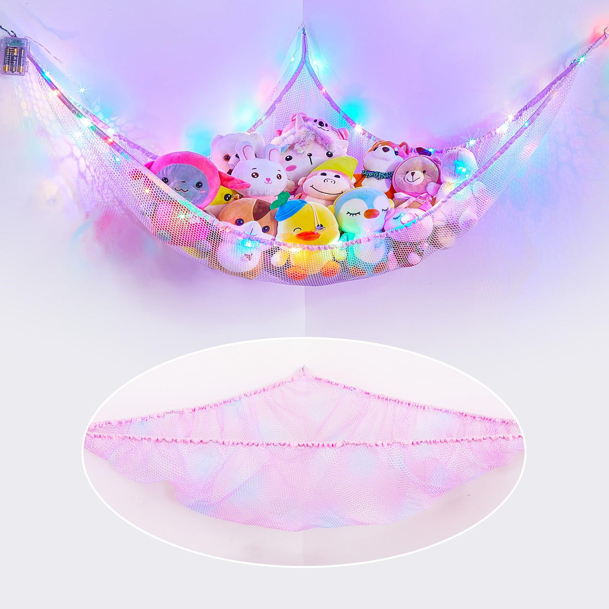 Basumee stuffed animals hammock with LED wall mount for organized playroom lighting