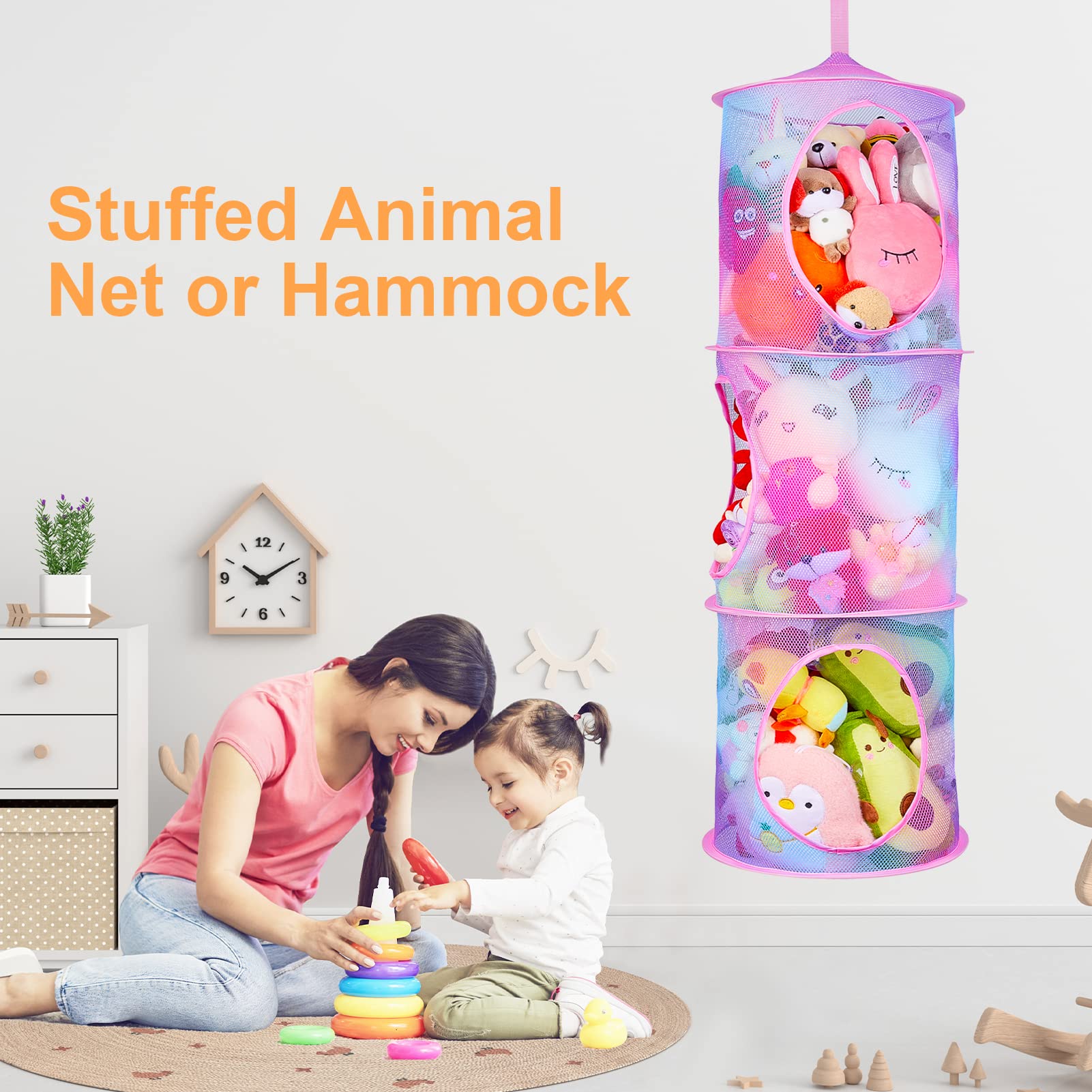 Basumee stuffed-animals-hammock-mesh-compartments keeps plushies visible and easily accessible.