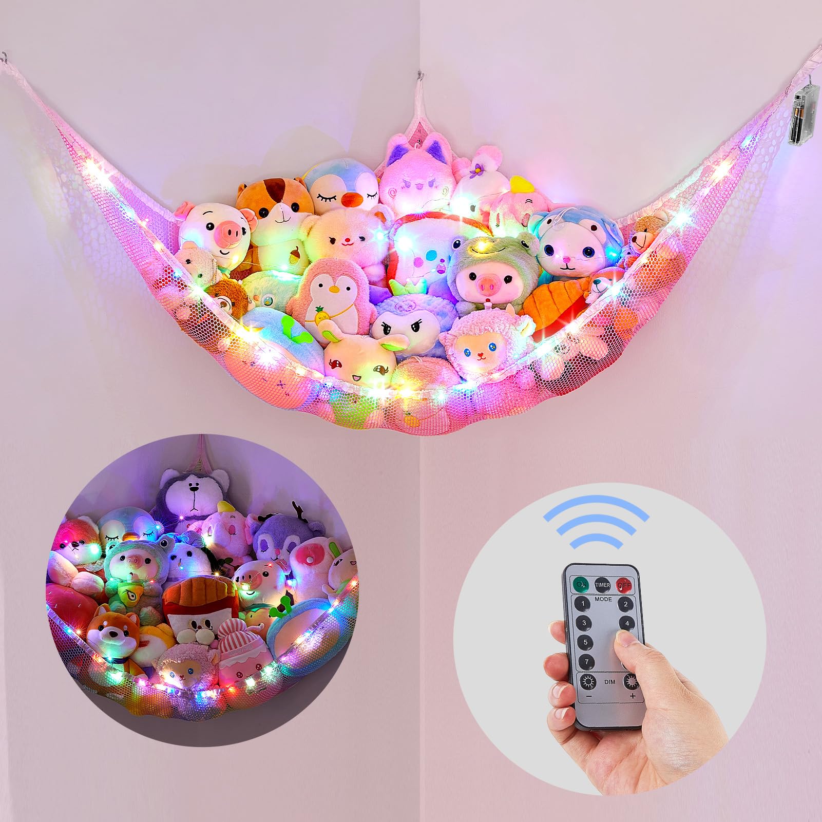 Basumee toy storage hammock organizing plush toys in a room.