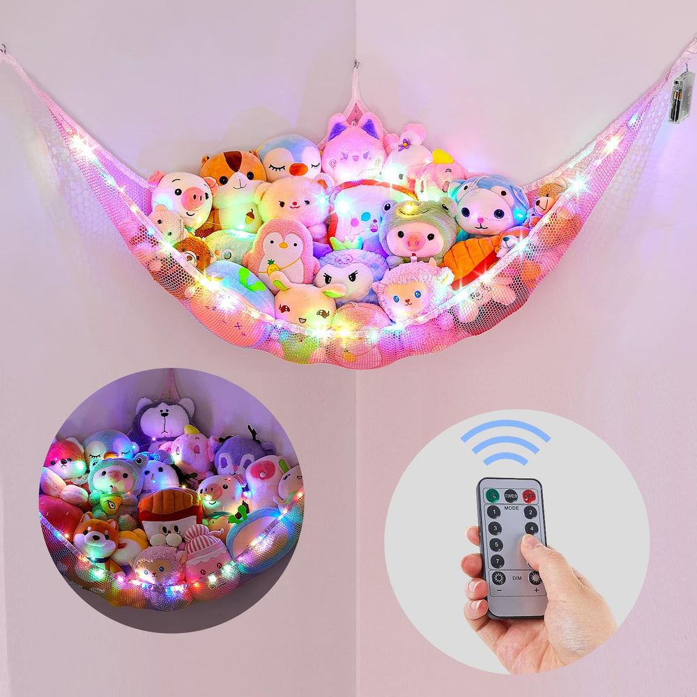 Basumee toy storage hammock organizing plush toys in a room.