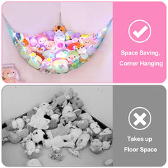 Basumee XL corner hammock organized with plushies in a spacious corner