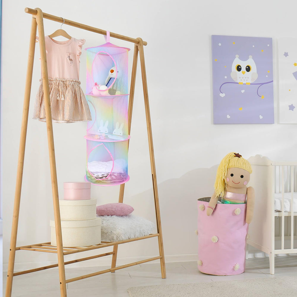 Basumee 5-tier hanging net maximizes floor space for plush collections