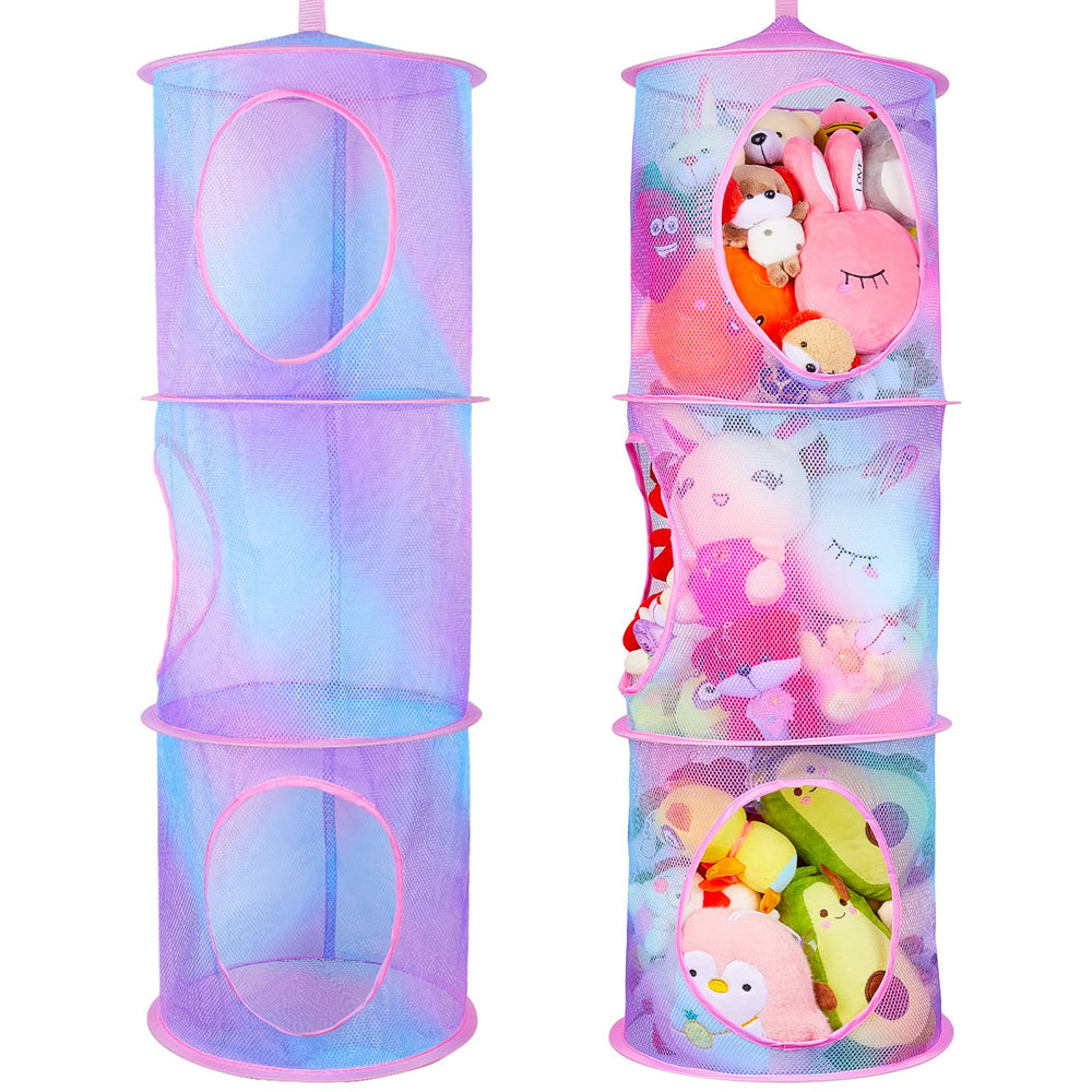 Basumee stuffed-animals-net-blue-3tiers neatly organizes plush toys in a closet.