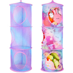 Basumee stuffed-animals-net-blue-3tiers neatly organizes plush toys in a closet.