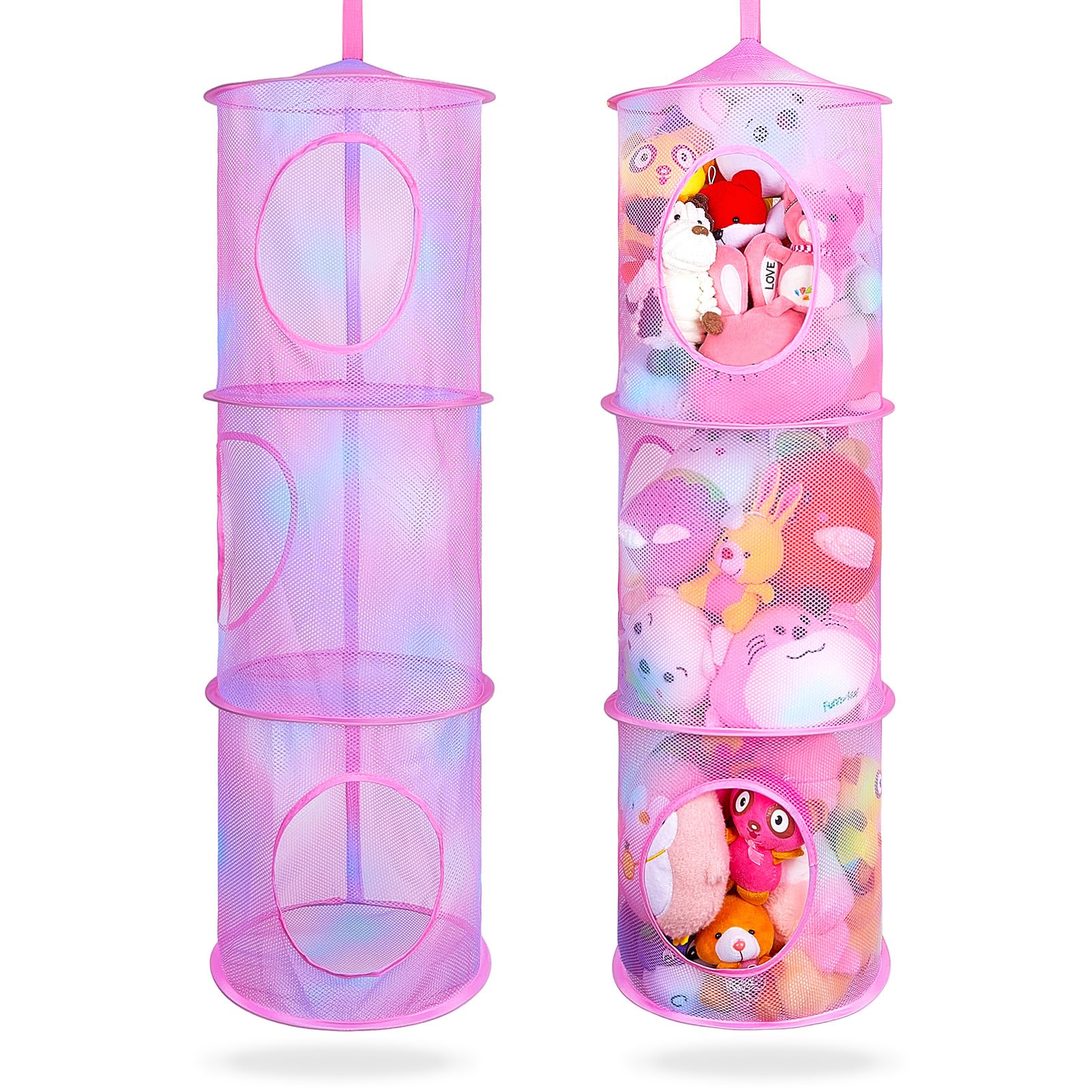 Basumee stuffed animals net hammock pink two-pack for plush storage and space saving