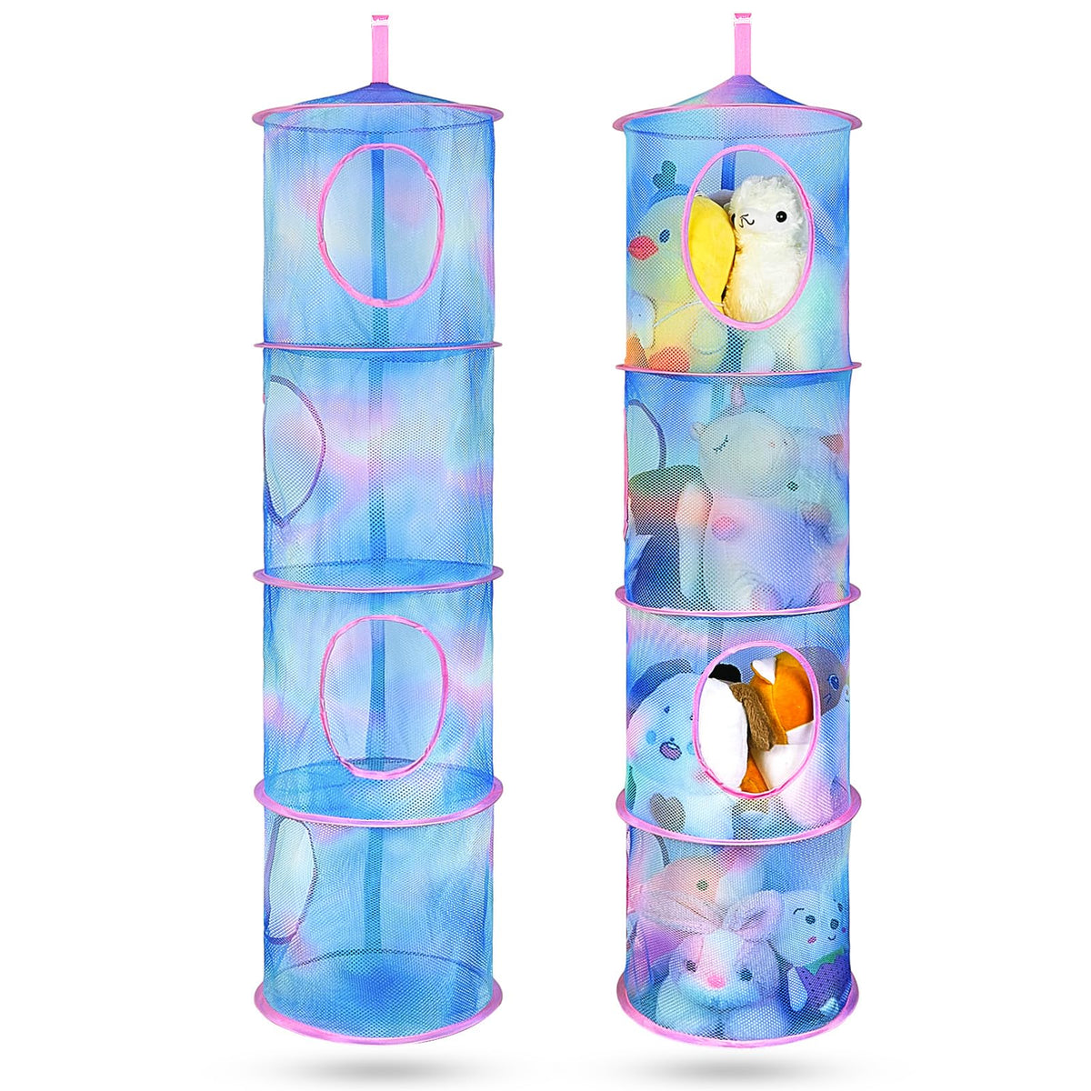 Basumee stuffed animals net hammock two-pack setup for space-saving plush toy storage.