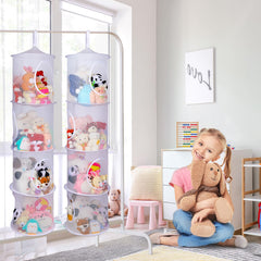 Basumee 4-tier net hammock setup showing organized plush toy storage