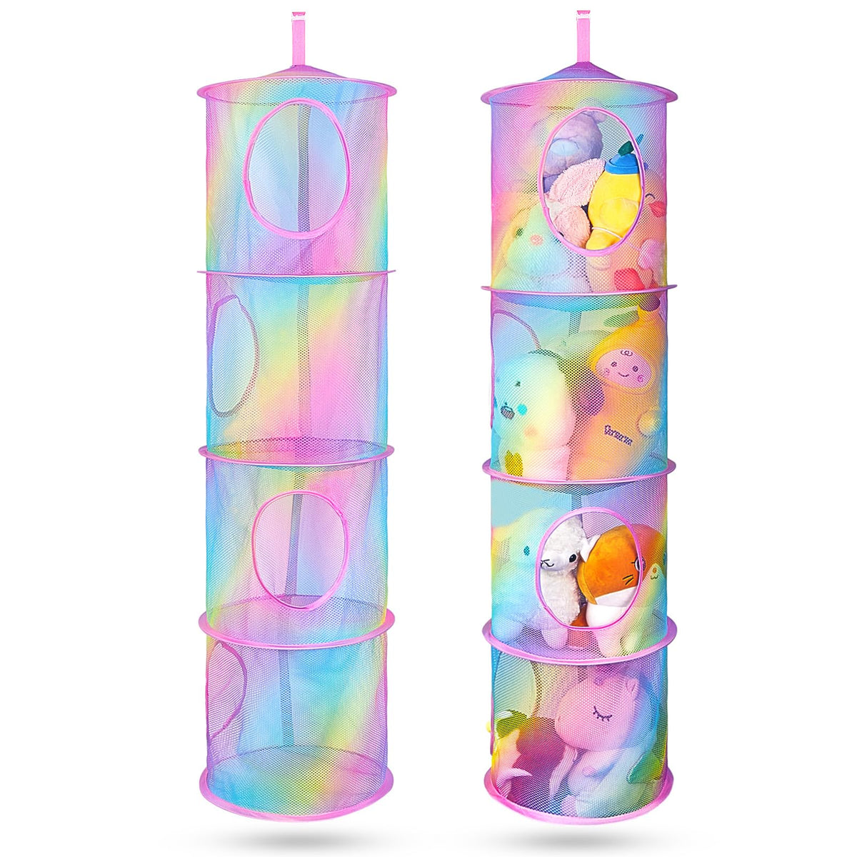 Basumee stuffed animals net hammock with four tiers keeps plushies neatly organized.
