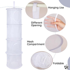Basumee mesh storage close-up reveals visible compartments for toys