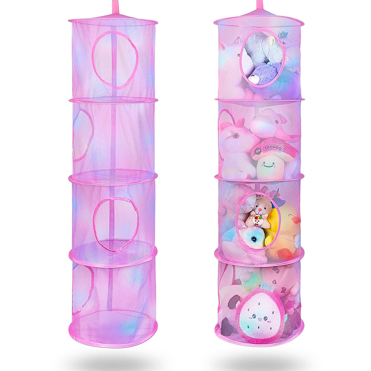 Basumee stuffed animals net hammock pink four-tier for plush toy storage and easy access.