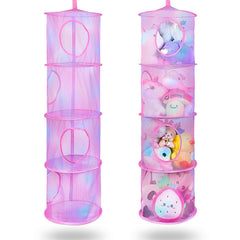 Basumee stuffed animals net hammock pink four-tier for plush toy storage and easy access.