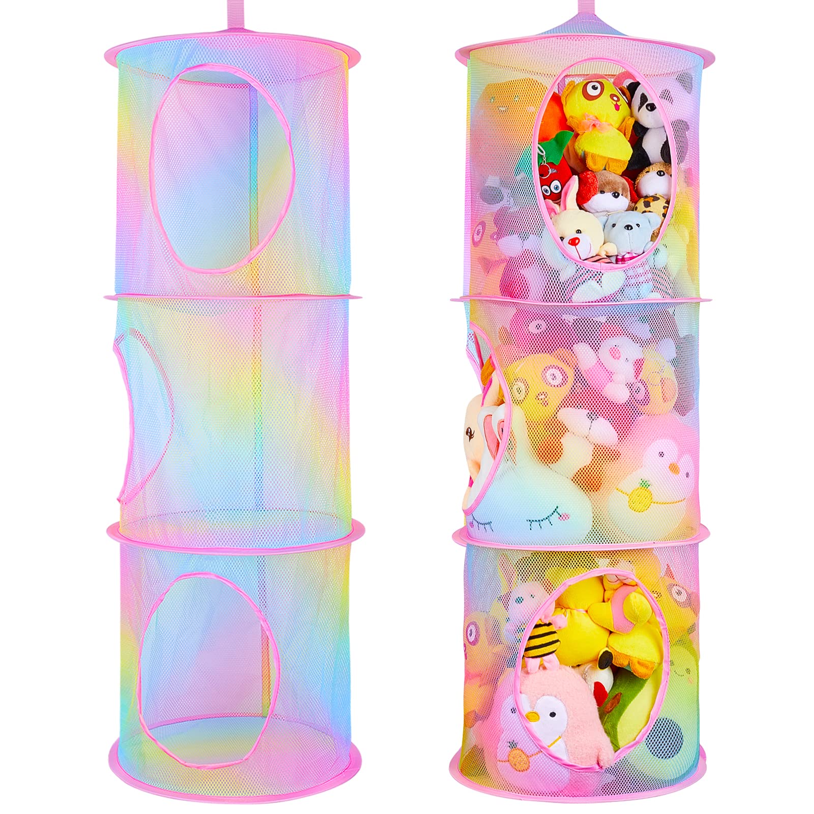 Basumee stuffed animals net rainbow hammock organizes plushies neatly in playroom