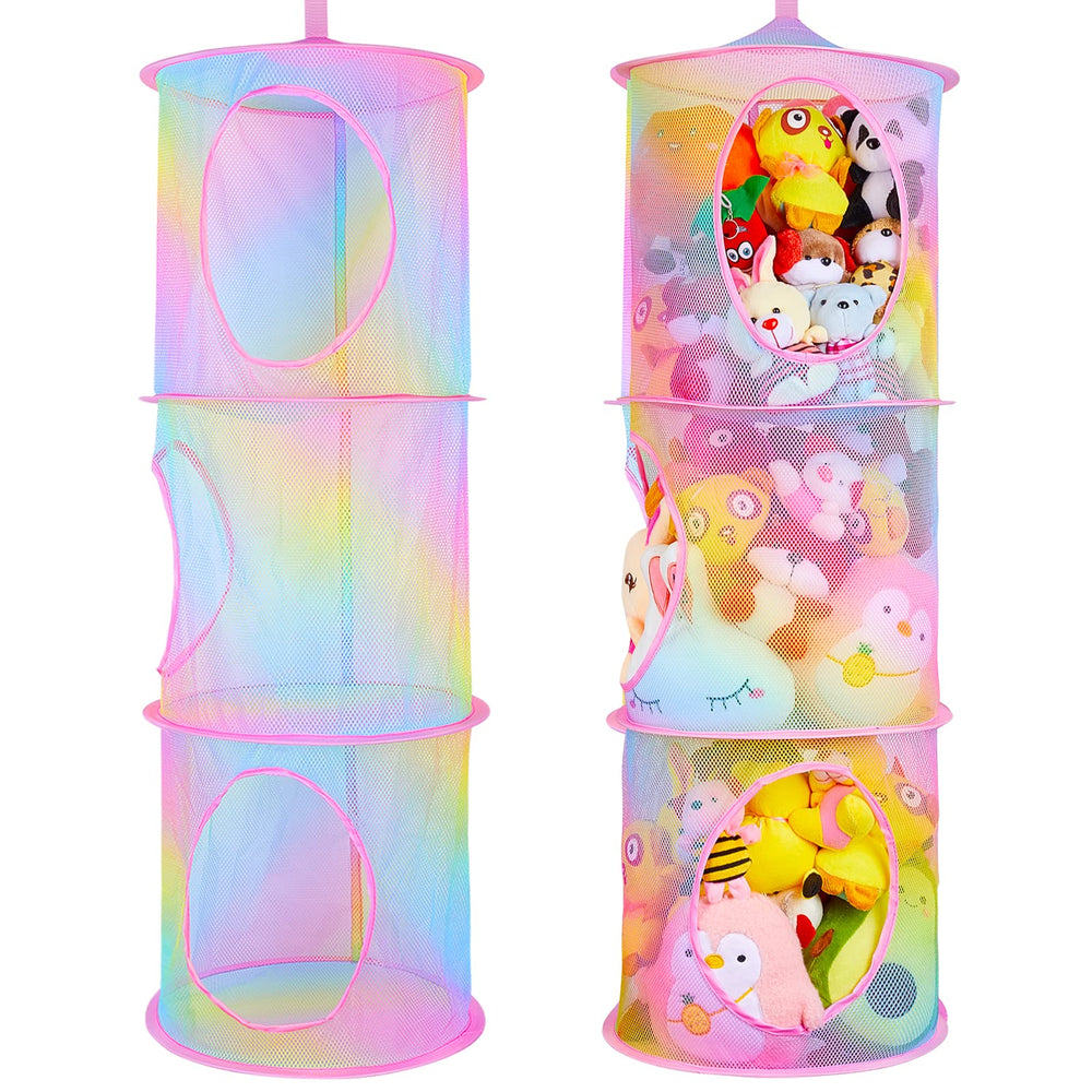 Basumee stuffed animals net rainbow hammock organizes plushies neatly in playroom
