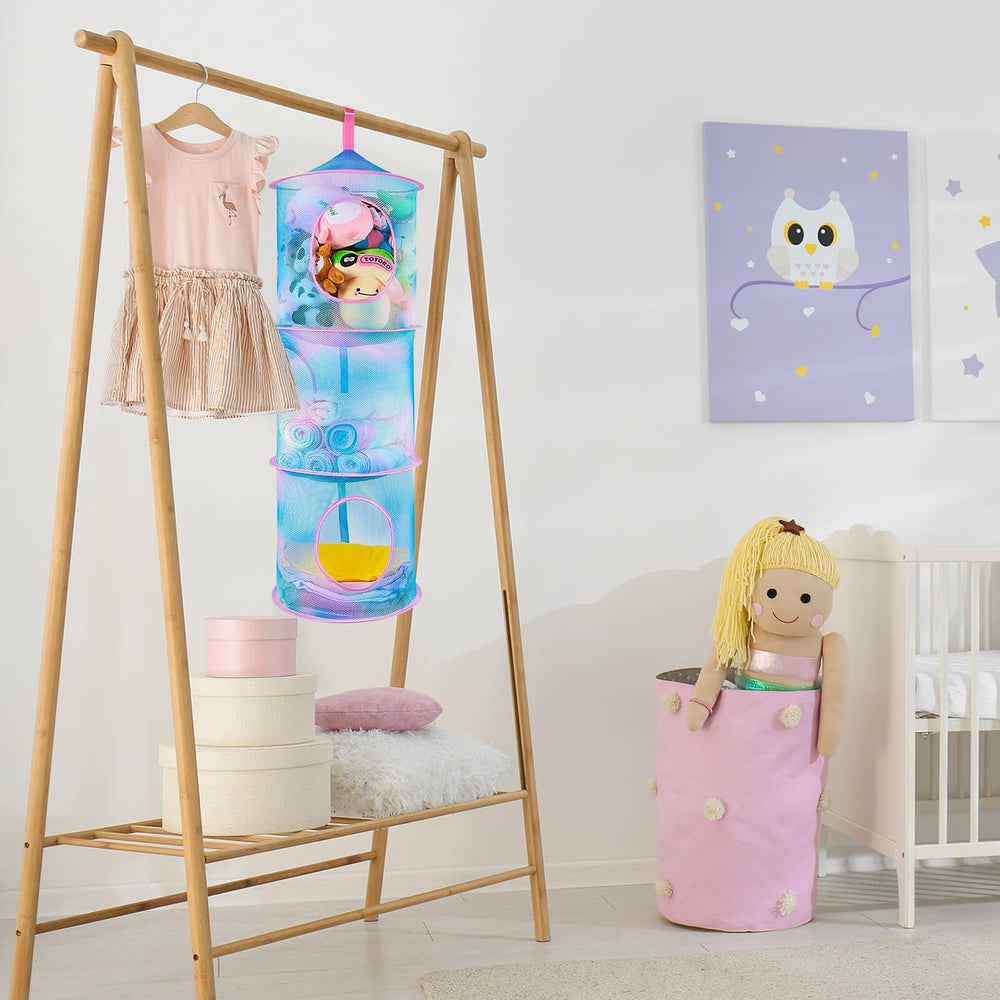 Basumee 3-tier storage shows compact dimensions for closet or doorway use.