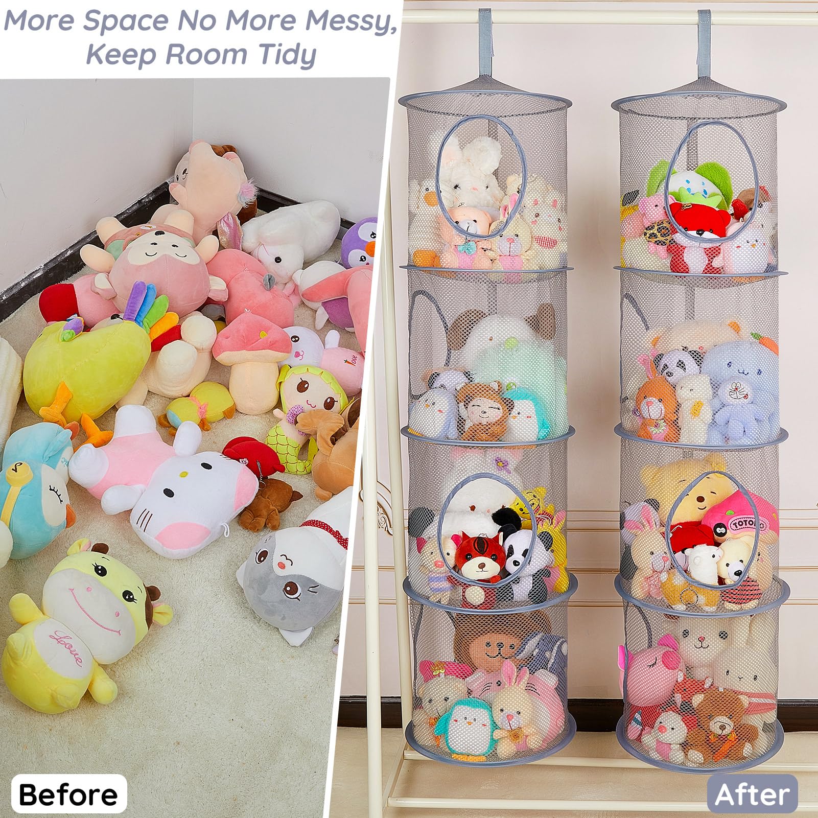 Basumee 2-pack storage hammock demonstrates travel-friendly, portable plush toy storage.