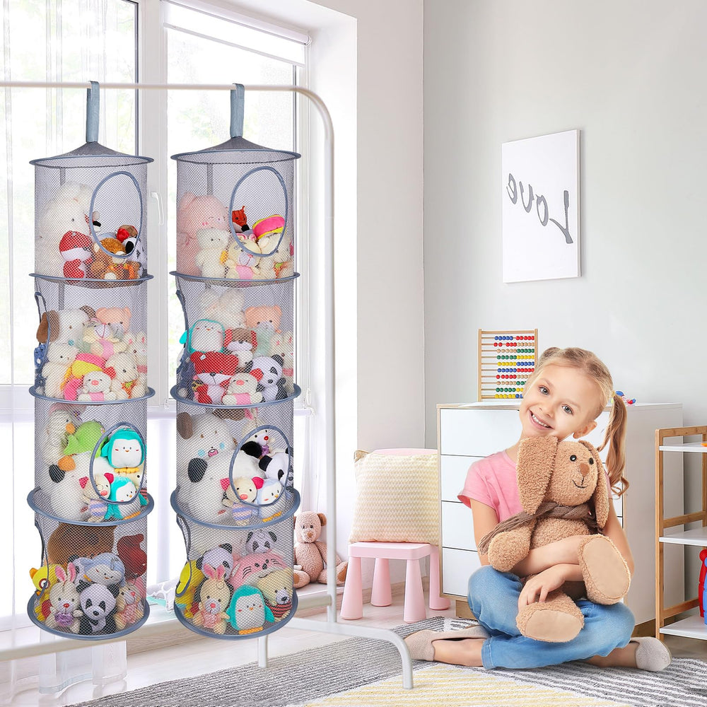 Basumee stuffed animals storage hammock hanging in a closet keeps plushies organized and visible.