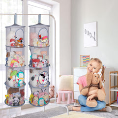 Basumee stuffed animals storage hammock hanging in a closet keeps plushies organized and visible.