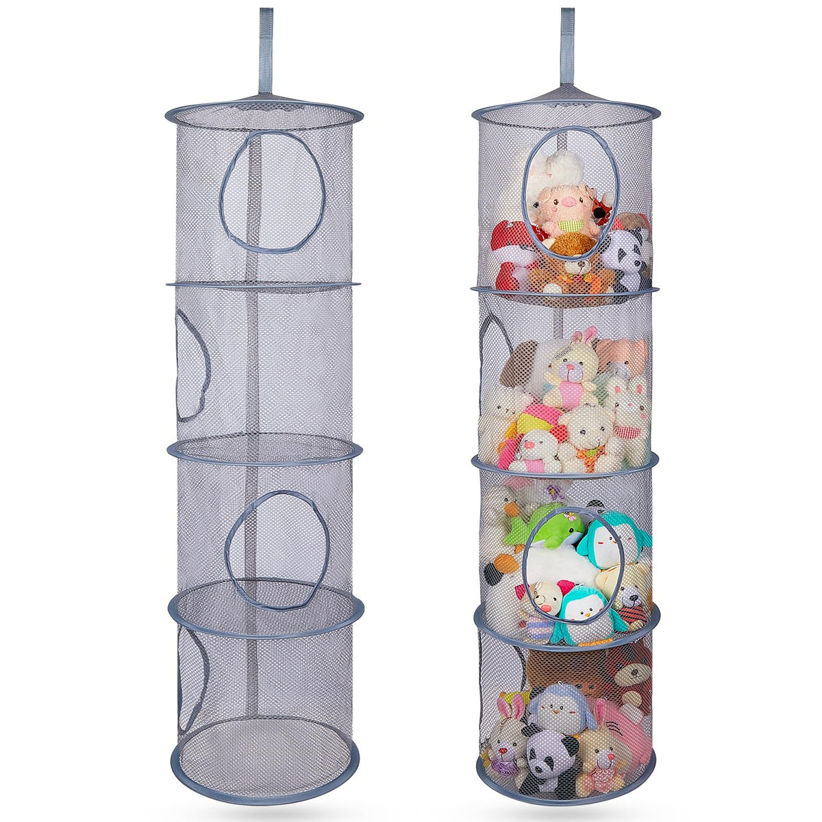 Basumee stuffed animals storage hammock 2pc setup showing hanging in closet for plush storage.