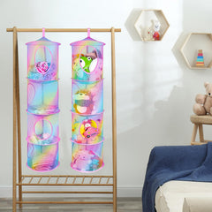 Basumee rainbow mesh toy net makes plushies visible for fast cleanup.