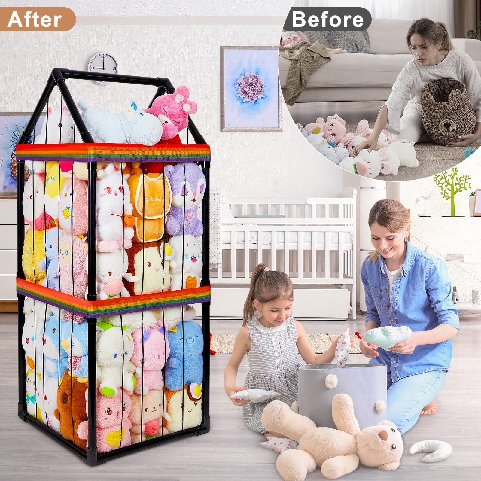 Basumee stuffed animals storage zoo package includes assembled holder and accessories.