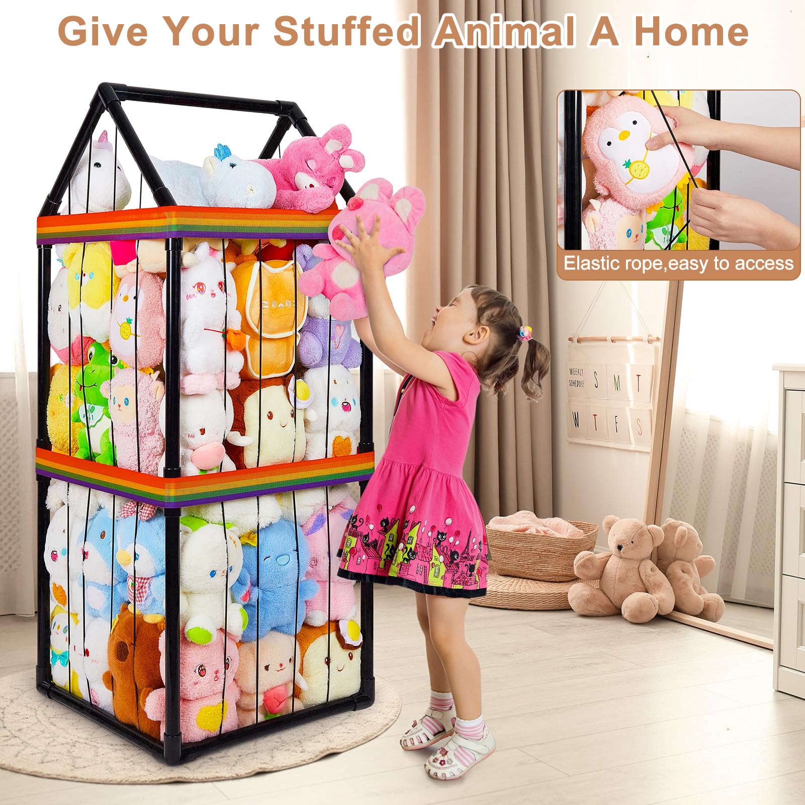 Basumee PVC-elastic rope construction offers durable, water-resistant storage for plush collections.